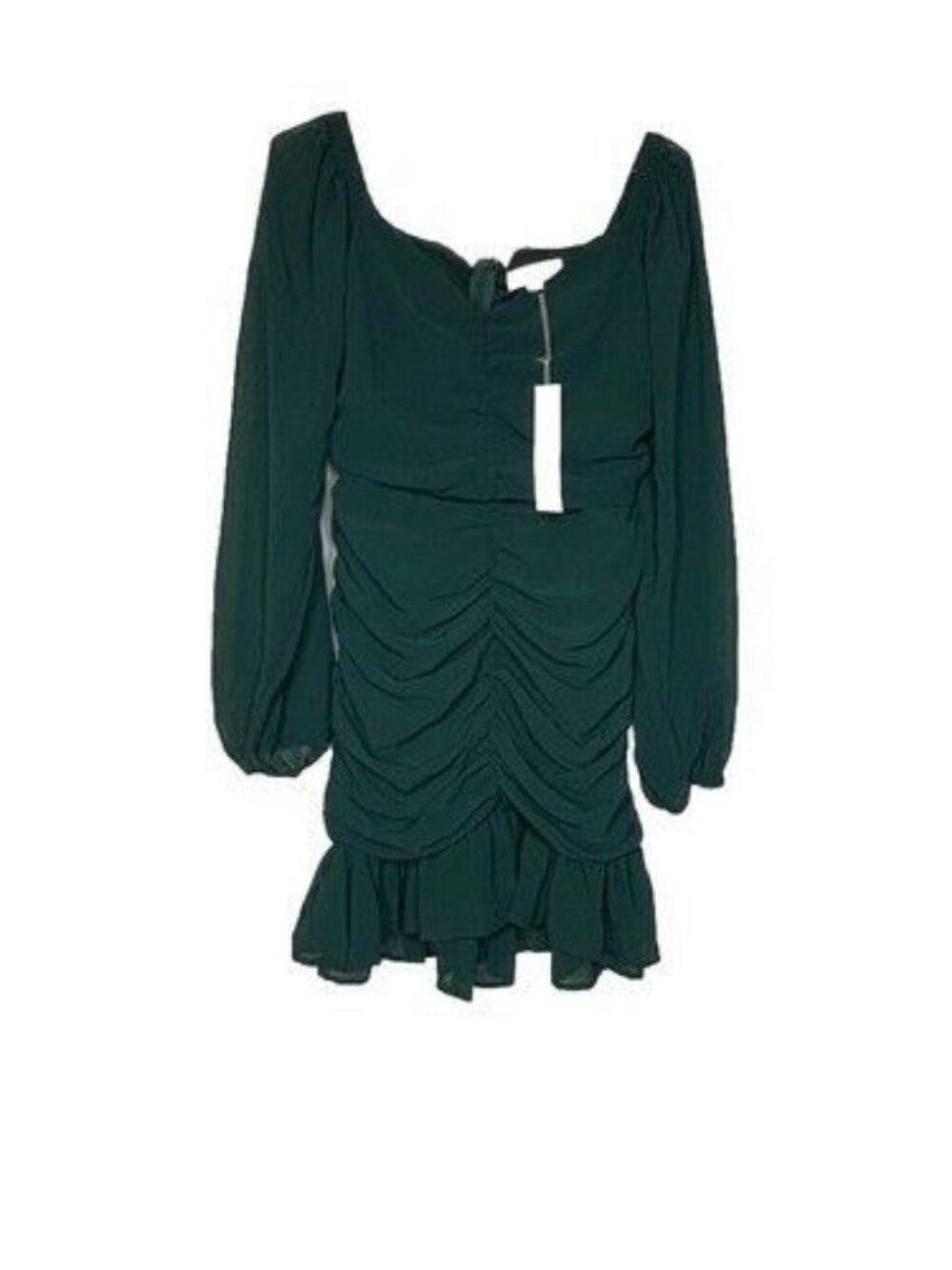 Green Ruched Chiffon Ballon Sleeve Mini Dress Christmas Holiday Cocktail Party